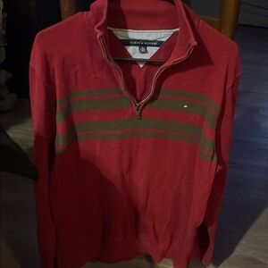 Tommy Hilfiger Red Quarter-Zip Sweater with Green Stripes